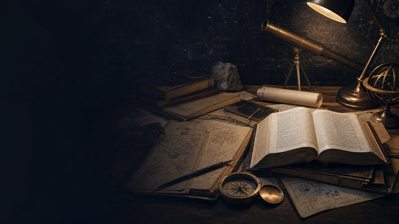 Scientific notes, an open Bible, a telescope, compass, and study tools arranged on a dark scholarly desk.