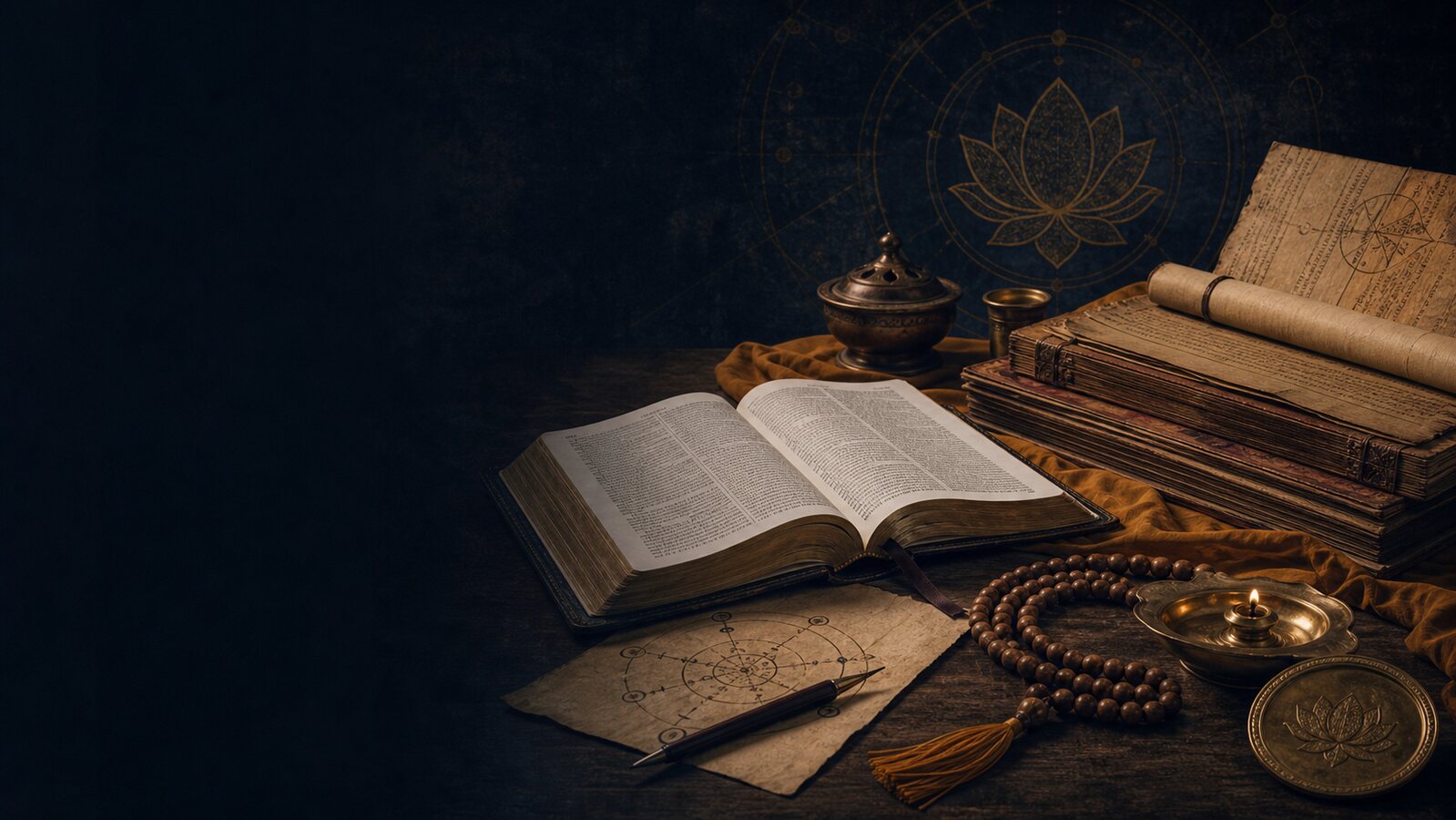 An open Bible, sutra-style manuscript pages, a lotus motif, prayer beads, and study notes on a dark scholarly desk.