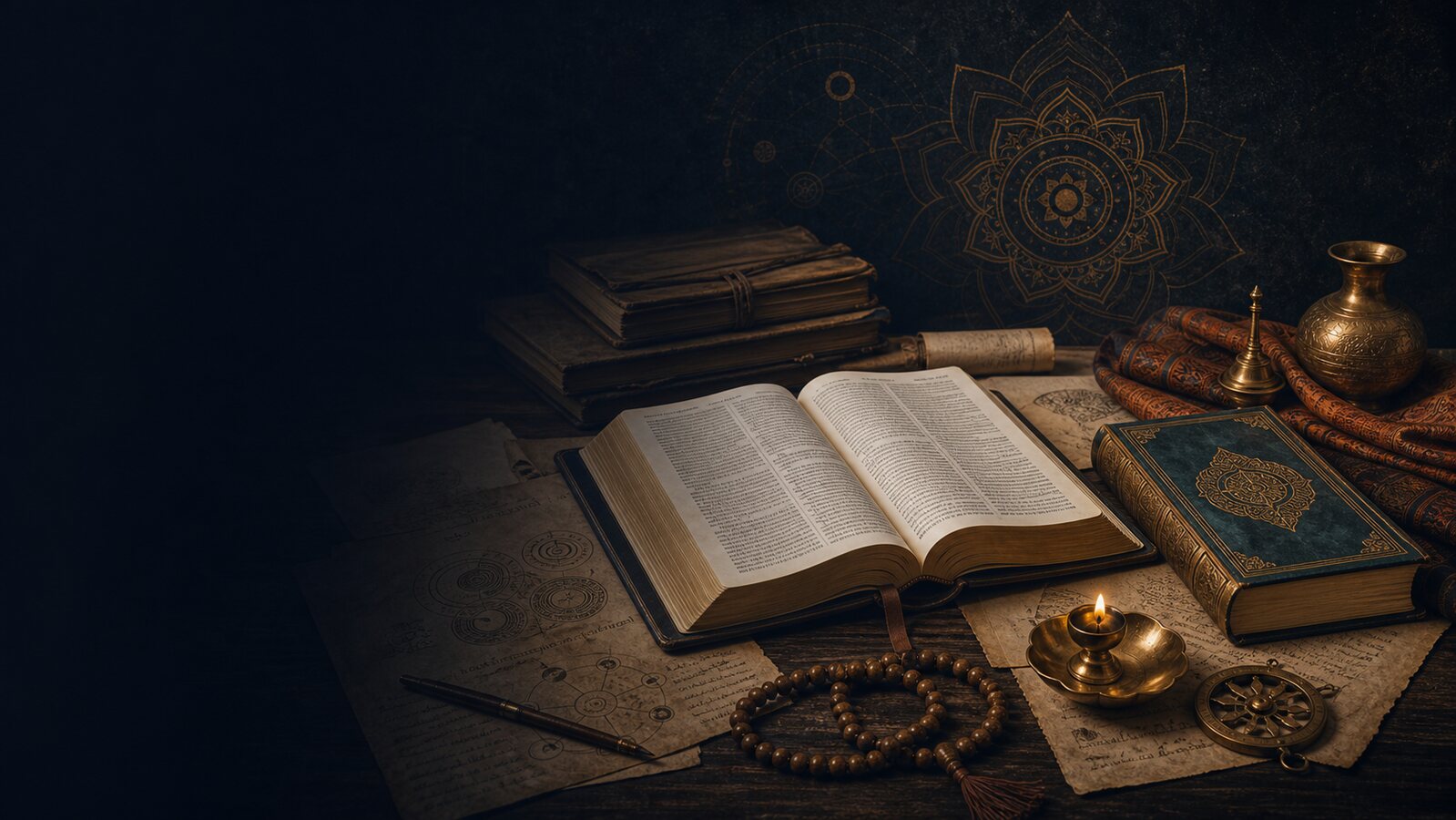 An open Bible, a Bhagavad Gita-style volume, manuscript pages, a brass lamp, prayer beads, and mandala-like study symbols on a dark desk.