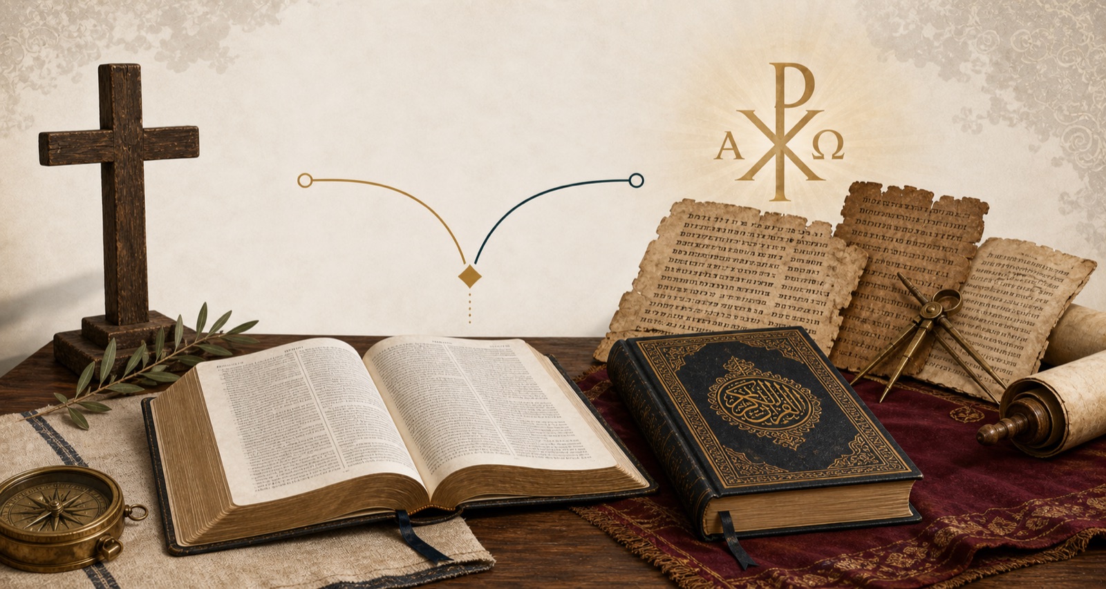 A Bible, Qur'an-style book, cross, manuscript fragments, and source-study symbols arranged on a scholarly desk.