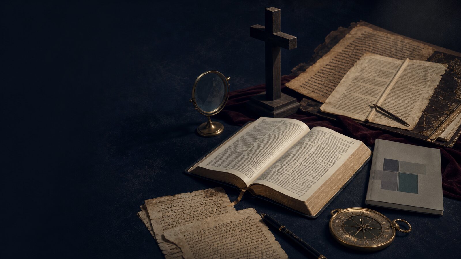 An open Bible, manuscript pages, a plain cross, a booklet, and a watch arranged on a dark study desk.