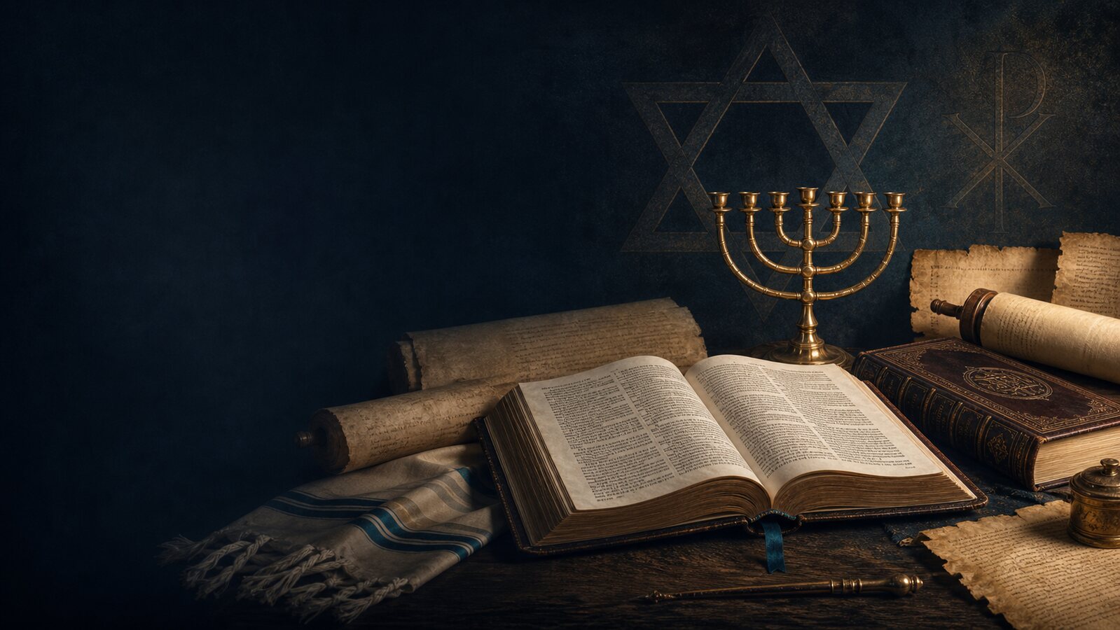 A Hebrew Bible-style volume, scrolls, a menorah, manuscript fragments, and source-study symbols on a dark desk.