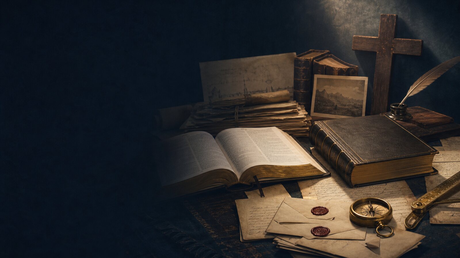 A Bible, a separate nineteenth-century-style volume, archival letters, a cross, and measuring tools on a dark desk.